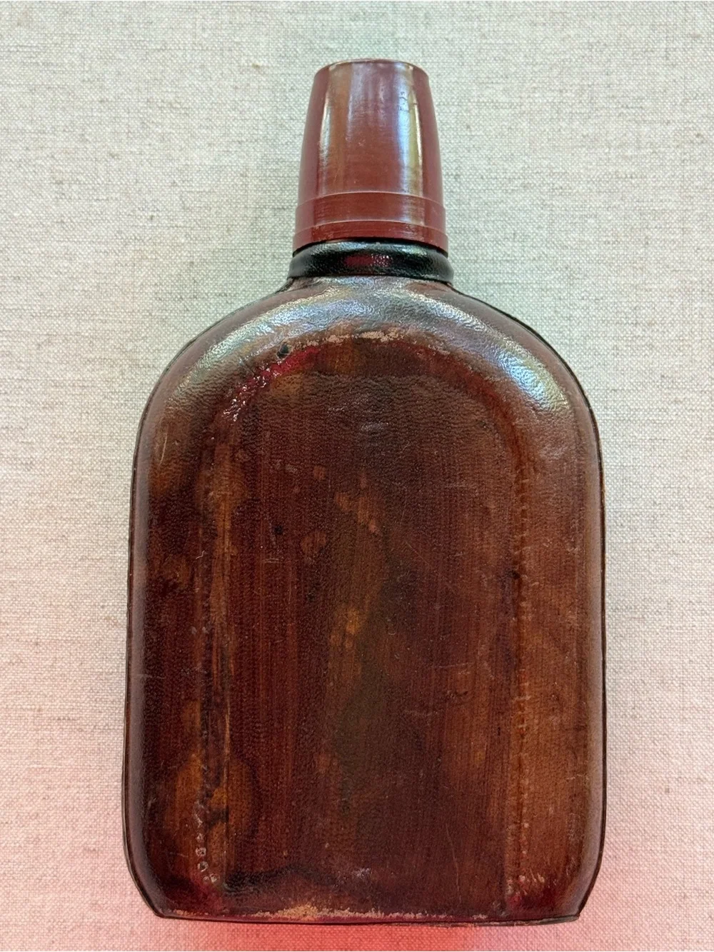Vintage Leather Wrapped Flask Bottle Embossed Floral Design Brown